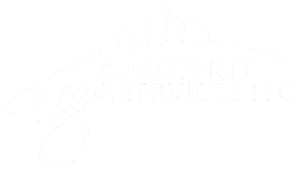 Logo for Tiegs Property Services LLC featuring a city skyline silhouette above the company name in stylized white text on a light background.