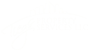 Logo for Tiegs Property Services LLC featuring a city skyline silhouette above the company name in stylized white text on a light background.